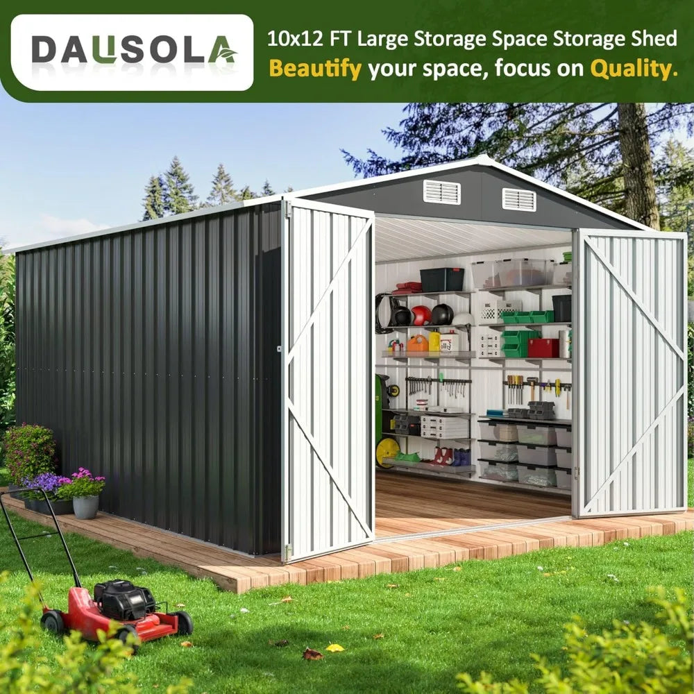 10x12 FT Outdoor Storage Shed, Metal Garden Tool Shed with Updated Frame Structure and Lockable Doors, Ideal for Backyard Garden