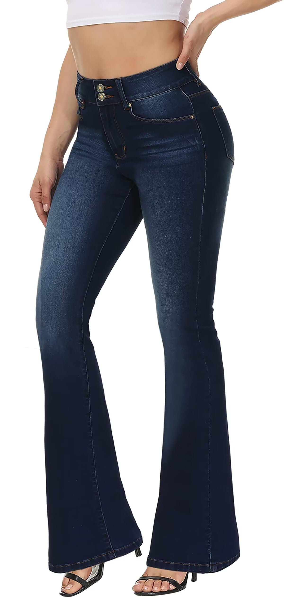 KDF High Waisted Flare Jeans for Women Bell Bottom Jeans with Belt for Women Stretch Wide Leg Jeans