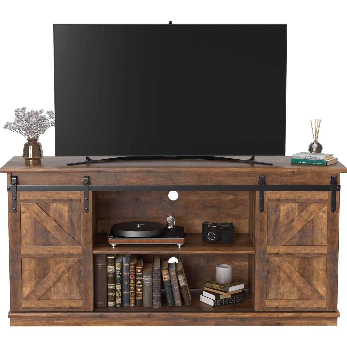 JUMMICO TV Stand for 65 Inch TV, Entertainment Center with Storage Cabinets and Sliding Barn Doors, Mid Century Modern Media TV Console Table for Living Room Bedroom (Rustic Oak)