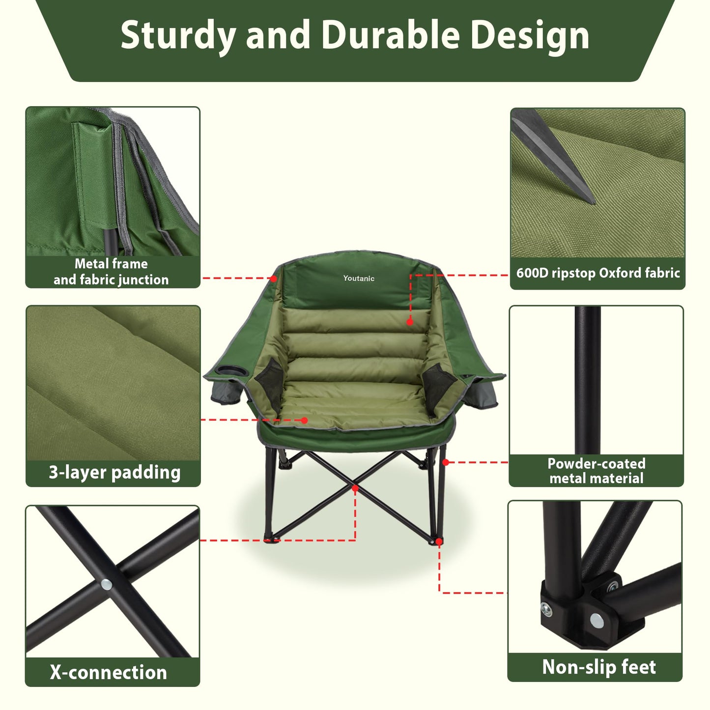 Oversized Camping Chair, Portable Folding Camping Chairs with Side Pocket, Cup Holder and Carry Bag, Heavy Duty Outdoor Camping Chairs for Adults, Fishing, Sports, Trip, up to 400lbs, Style 4