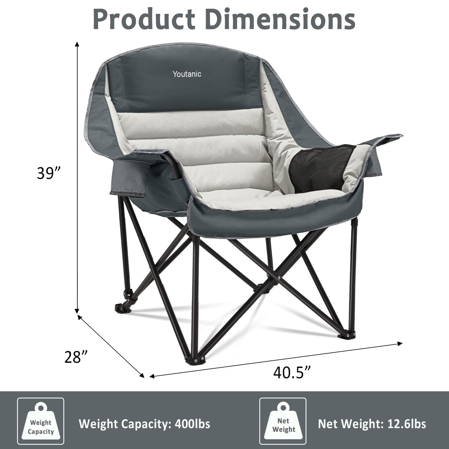 Oversized Camping Chair, Portable Folding Camping Chairs with Side Pocket, Cup Holder and Carry Bag, Heavy Duty Outdoor Camping Chairs for Adults, Fishing, Sports, Trip, up to 400lbs, Style 4