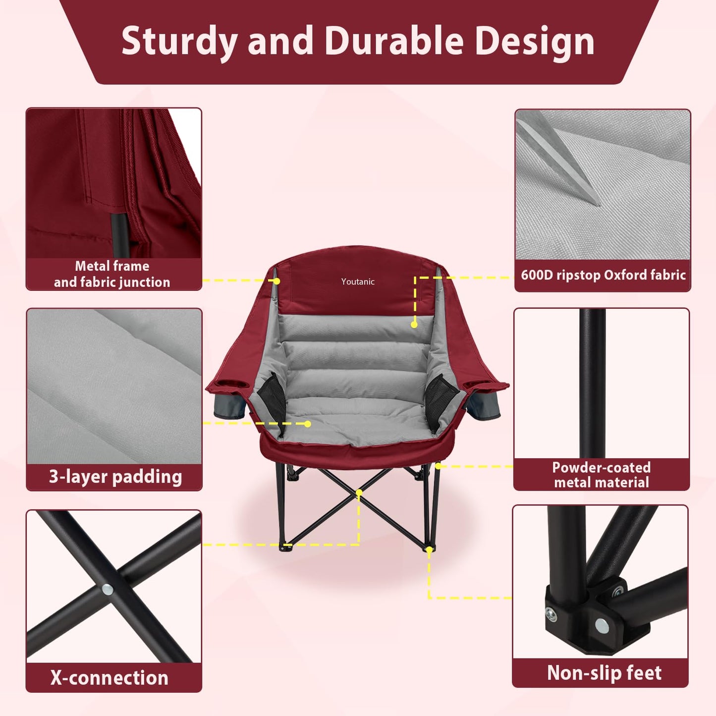 Oversized Camping Chair, Portable Folding Camping Chairs with Side Pocket, Cup Holder and Carry Bag, Heavy Duty Outdoor Camping Chairs for Adults, Fishing, Sports, Trip, up to 400lbs, Style 4