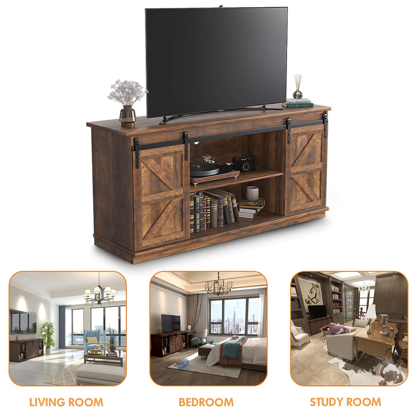JUMMICO TV Stand for 65 Inch TV, Entertainment Center with Storage Cabinets and Sliding Barn Doors, Mid Century Modern Media TV Console Table for Living Room Bedroom (Rustic Oak)