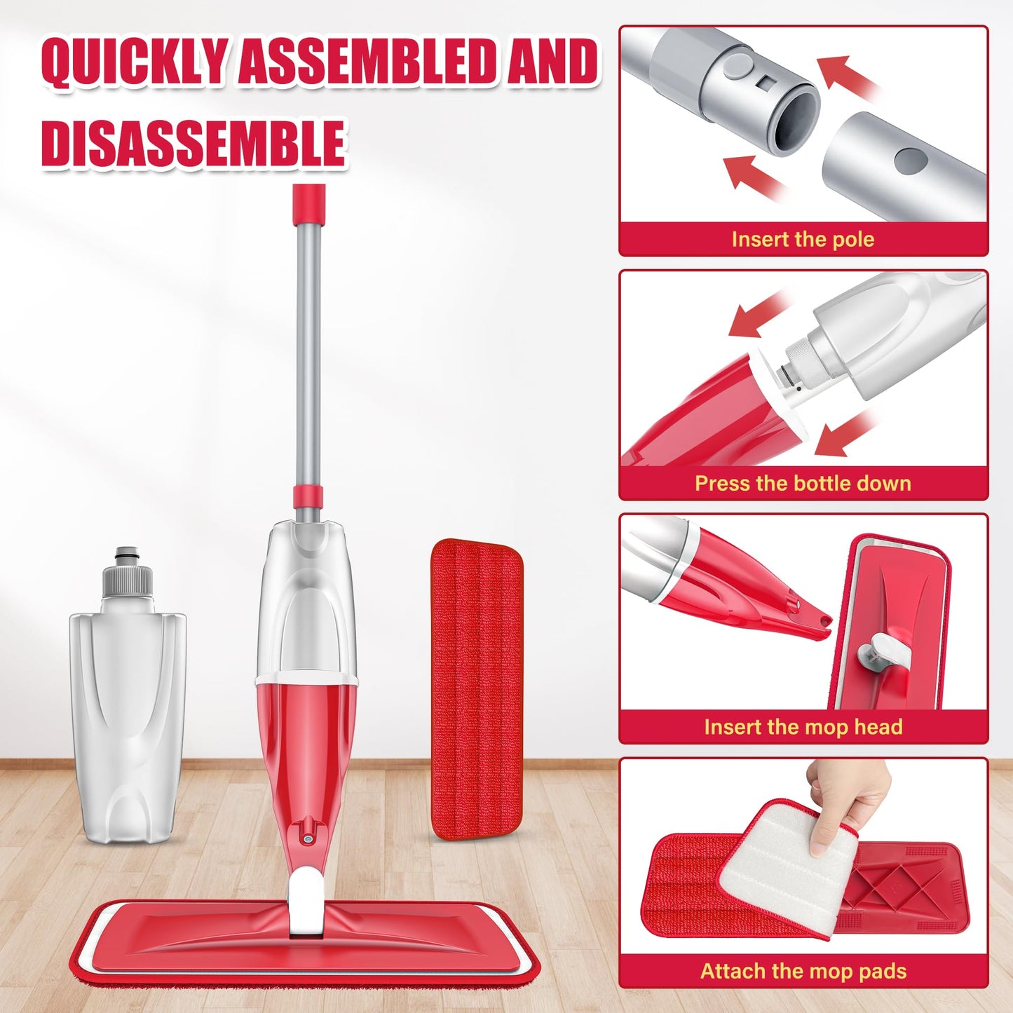 Spray Mop for Hardwood Floors Cleaning: Microfiber Wet Dry Floor Mops with 4 Washable Pads for Swiffer PowerMop - Flat Mop with Sprayer for Kitchen Tile Wood Laminate Vinyl