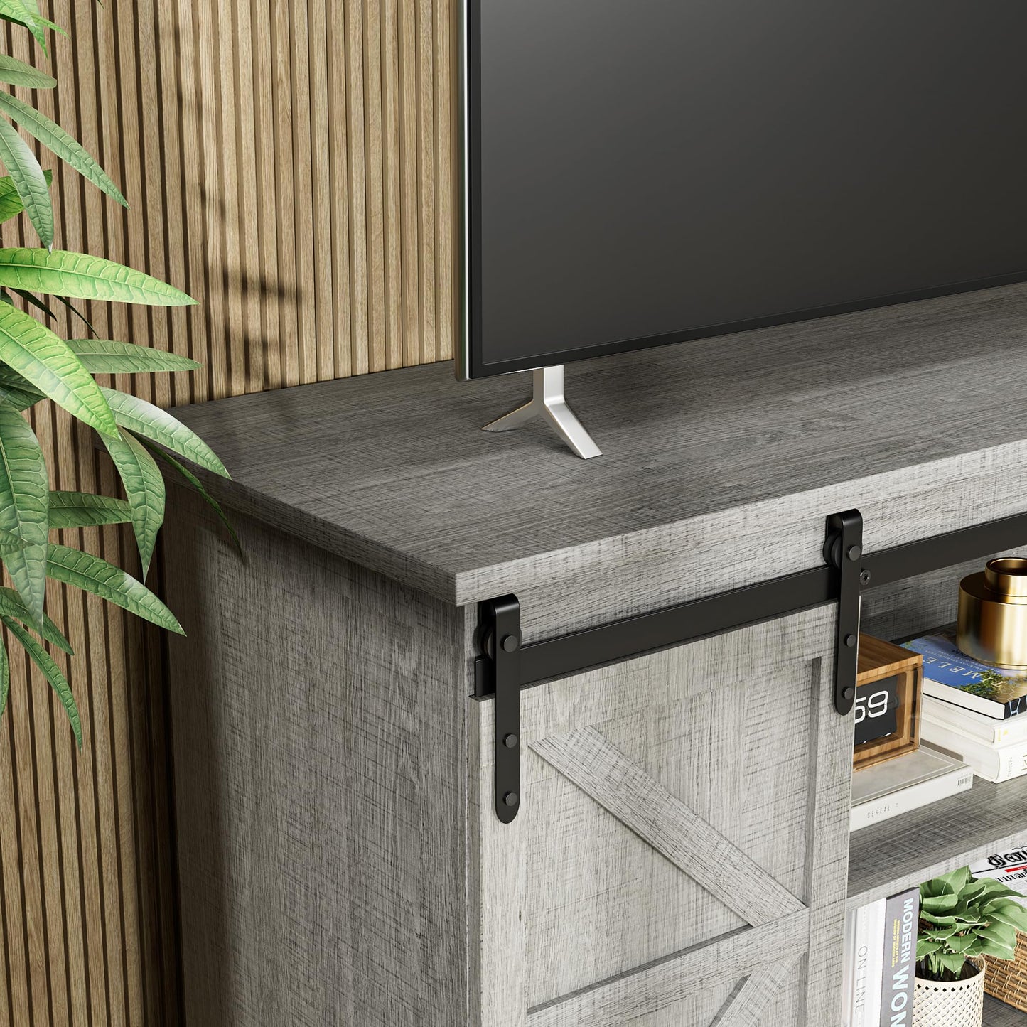 JUMMICO TV Stand for 65 Inch TV, Entertainment Center with Storage Cabinets and Sliding Barn Doors, Mid Century Modern Media TV Console Table for Living Room Bedroom (Rustic Oak)