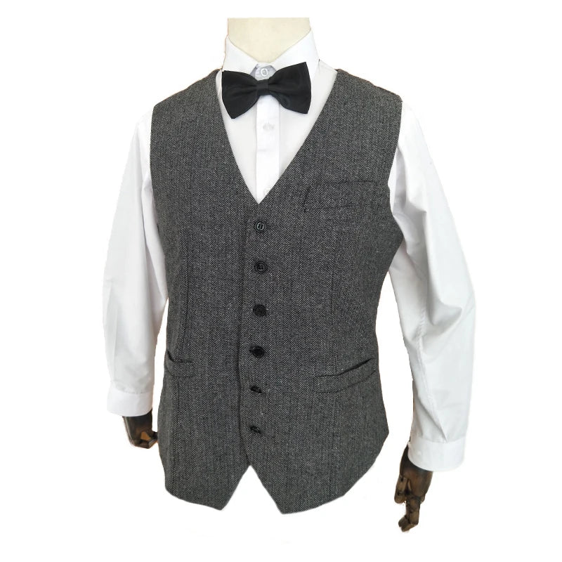 Mens Winter Groom Wear Wedding Dress Business Suit Party Suit Herringbone Tweed 4Piece (Overcoat+Jacket+Pant+Vest)