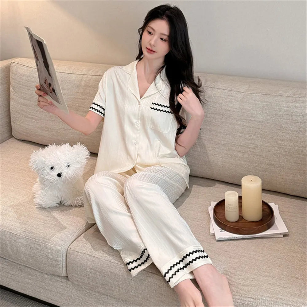 Couple Men Women Pajama Sets Sleepwear For Sleeping Shirt Silk Short Sleeve Pants Pyjama Male Home Night Wear Loungewear