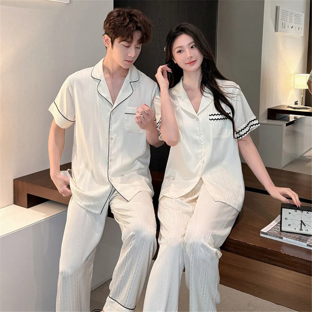 Couple Men Women Pajama Sets Sleepwear For Sleeping Shirt Silk Short Sleeve Pants Pyjama Male Home Night Wear Loungewear