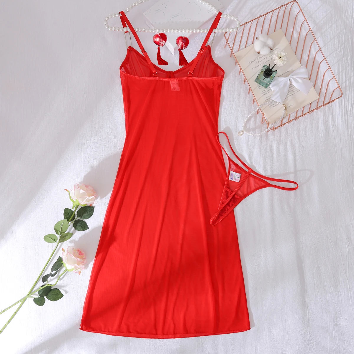 2025 new mesh sexy see through red shapewear nightgown with tassel chest patch underwear set, two-piece set