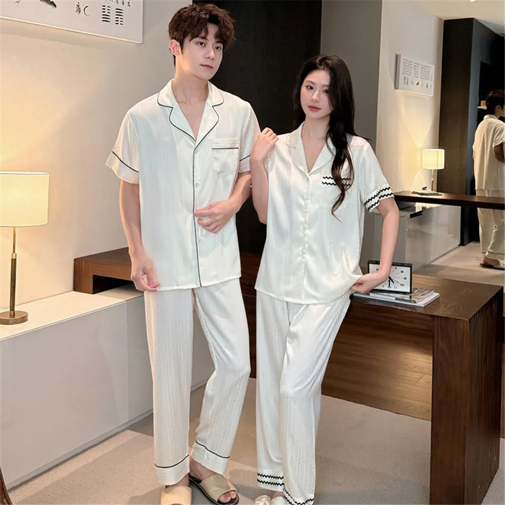 Couple Men Women Pajama Sets Sleepwear For Sleeping Shirt Silk Short Sleeve Pants Pyjama Male Home Night Wear Loungewear
