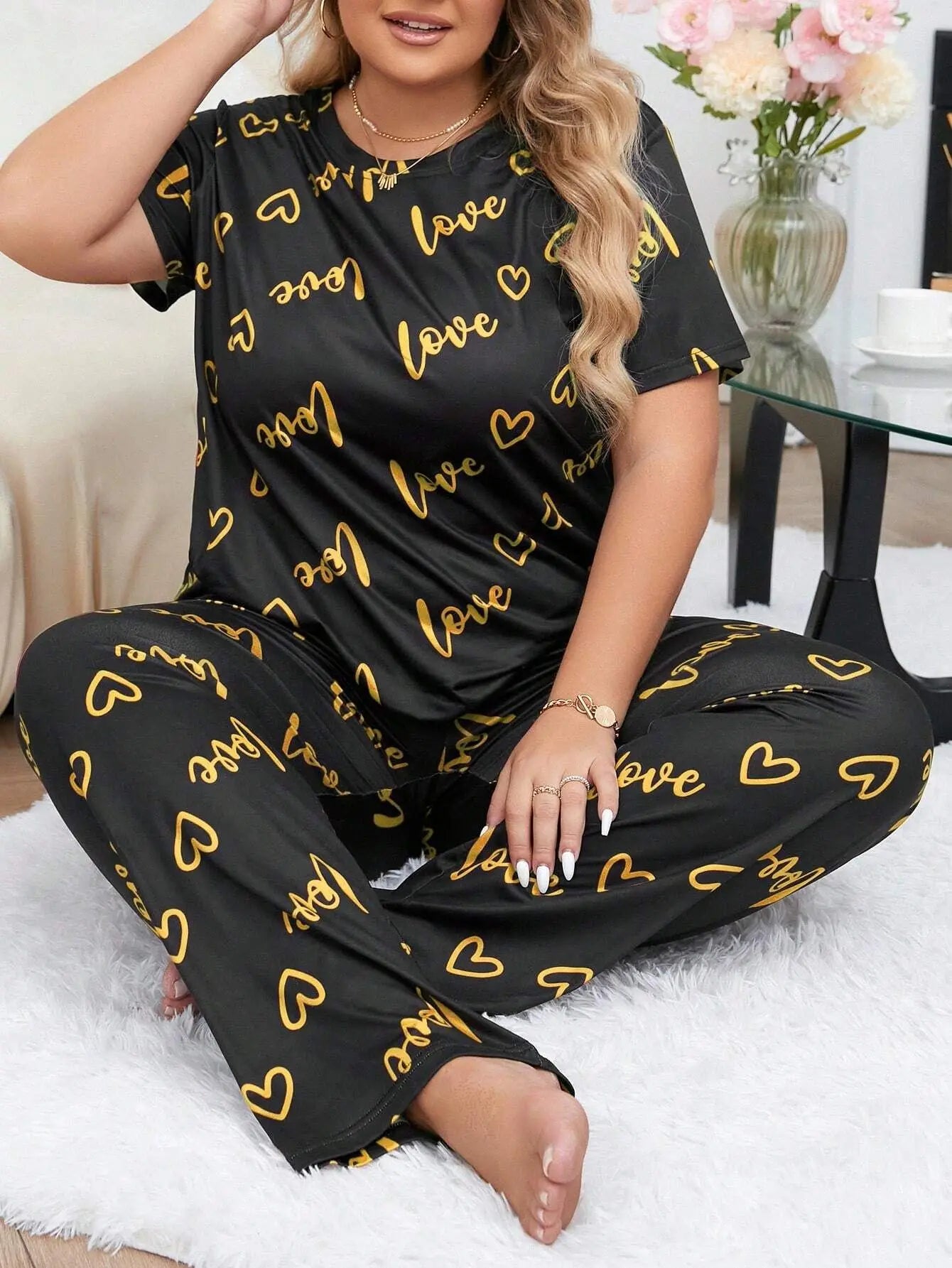 Women Sleepwear Pajamas Suit 2 Piece Sets Top Pants Outfits Short Sleeve Print Round Collar Summer Nightwear Trousers Loungewear
