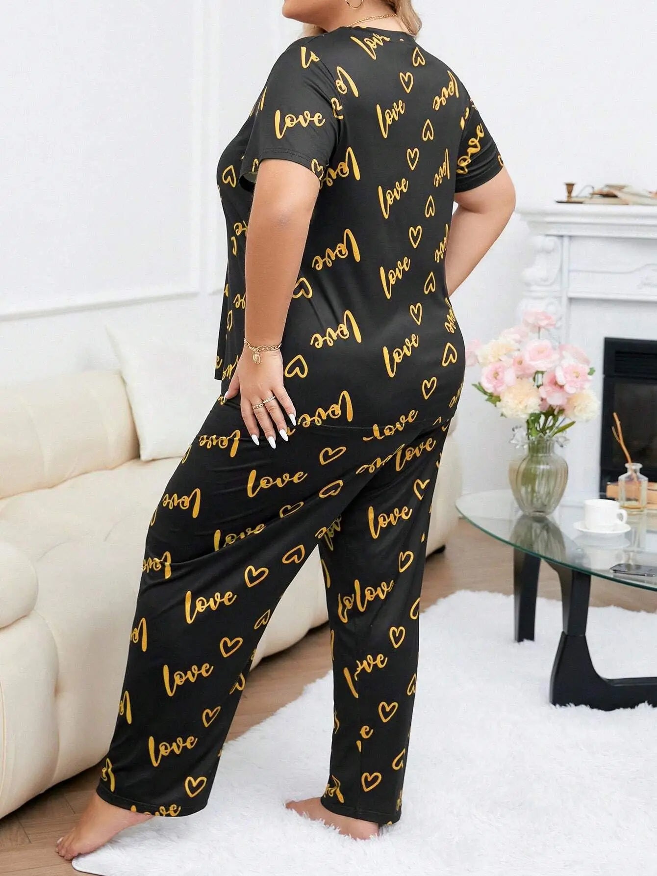 Women Sleepwear Pajamas Suit 2 Piece Sets Top Pants Outfits Short Sleeve Print Round Collar Summer Nightwear Trousers Loungewear