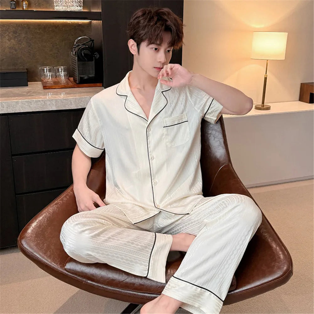 Couple Men Women Pajama Sets Sleepwear For Sleeping Shirt Silk Short Sleeve Pants Pyjama Male Home Night Wear Loungewear