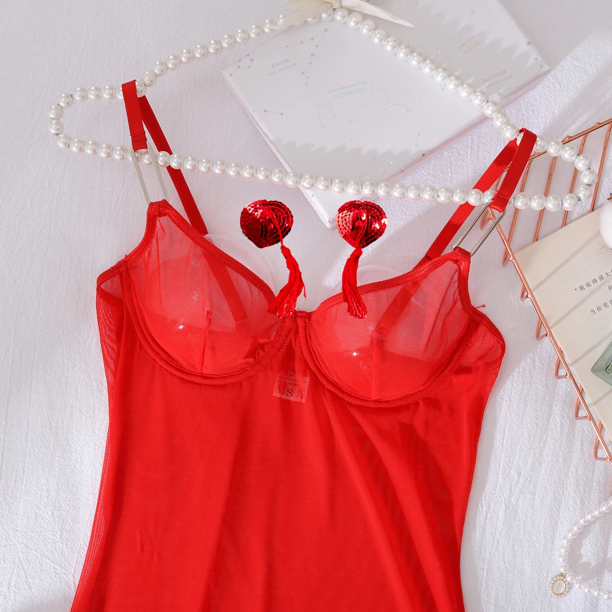 2025 new mesh sexy see through red shapewear nightgown with tassel chest patch underwear set, two-piece set