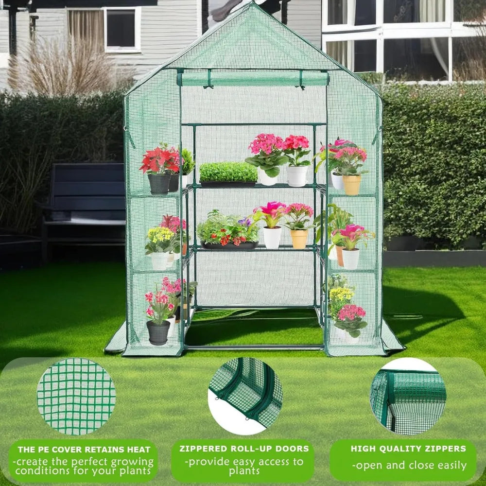 Outdoor Walk-in Greenhouse with Thickened PE Cover, Heavy Duty Steel Frame, Mesh Door, and Screen Windows, 14 Sturdy Shelves