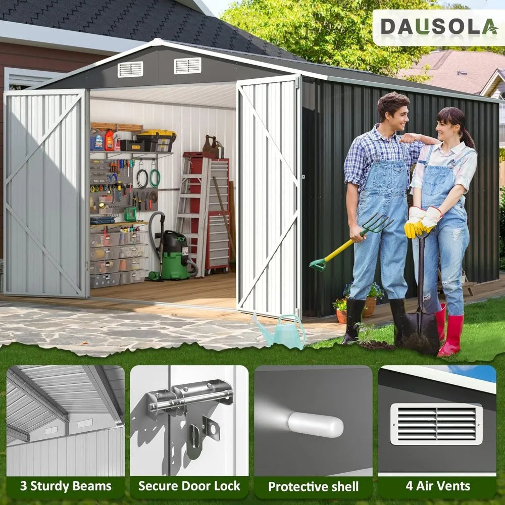 10x12 FT Outdoor Storage Shed, Metal Garden Tool Shed with Updated Frame Structure and Lockable Doors, Ideal for Backyard Garden