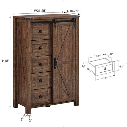 T4TREAM 5 Drawers Dresser for Bedroom w/Sliding Barn Door, Farmhouse Modern Dresser Tall 5 Chest of Drawers, Storage Organizer f