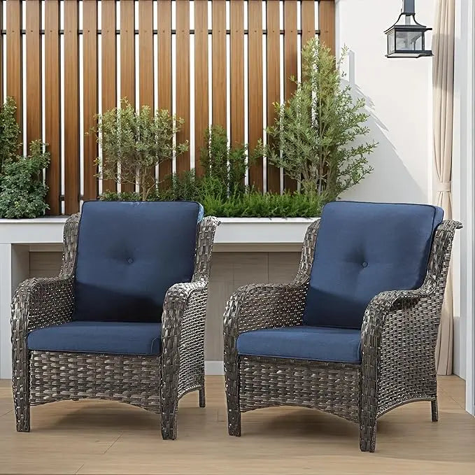 Patio Wicker Chairs Set Of 2, Patio Rattan Dining Chairs With 3.5-inch Seat Cushions, High Back And Curved Armrest For Garden, B