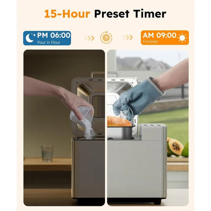 2LB Bread Maker Machine, 17 In 1 Automatic Stainless Steel Bread Machine, Non-stick, Beginner-Friendly Controls, 15 Hour Timer
