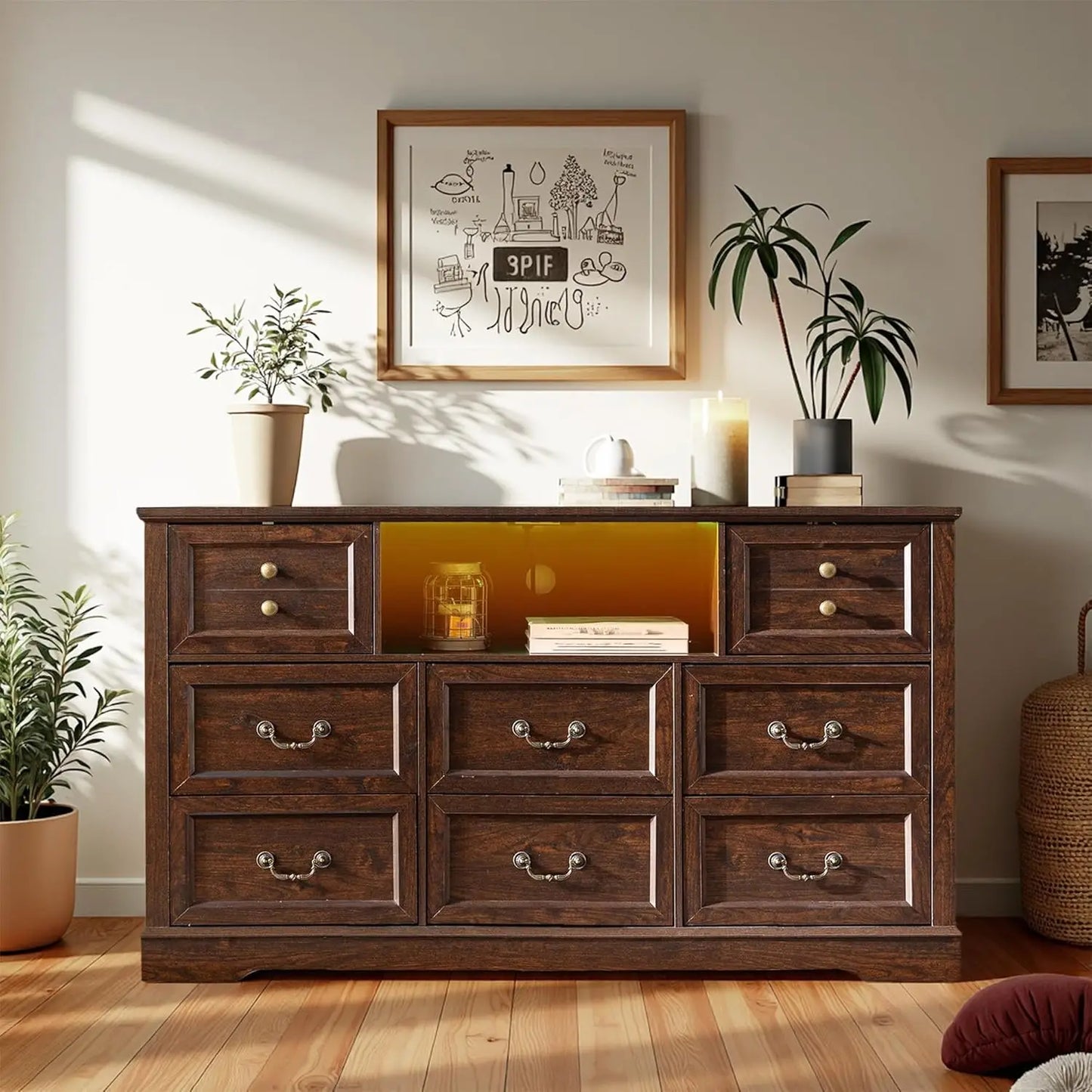 White Dresser for Bedroom with Charging Station & Led Lights,55.02" TV Stand with 8 Drawers,Dressers & Chests of Drawers