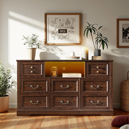 White Dresser for Bedroom with Charging Station & Led Lights,55.02" TV Stand with 8 Drawers,Dressers & Chests of Drawers