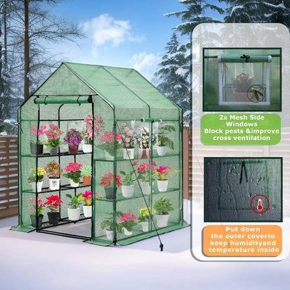 Outdoor Walk-in Greenhouse with Thickened PE Cover, Heavy Duty Steel Frame, Mesh Door, and Screen Windows, 14 Sturdy Shelves