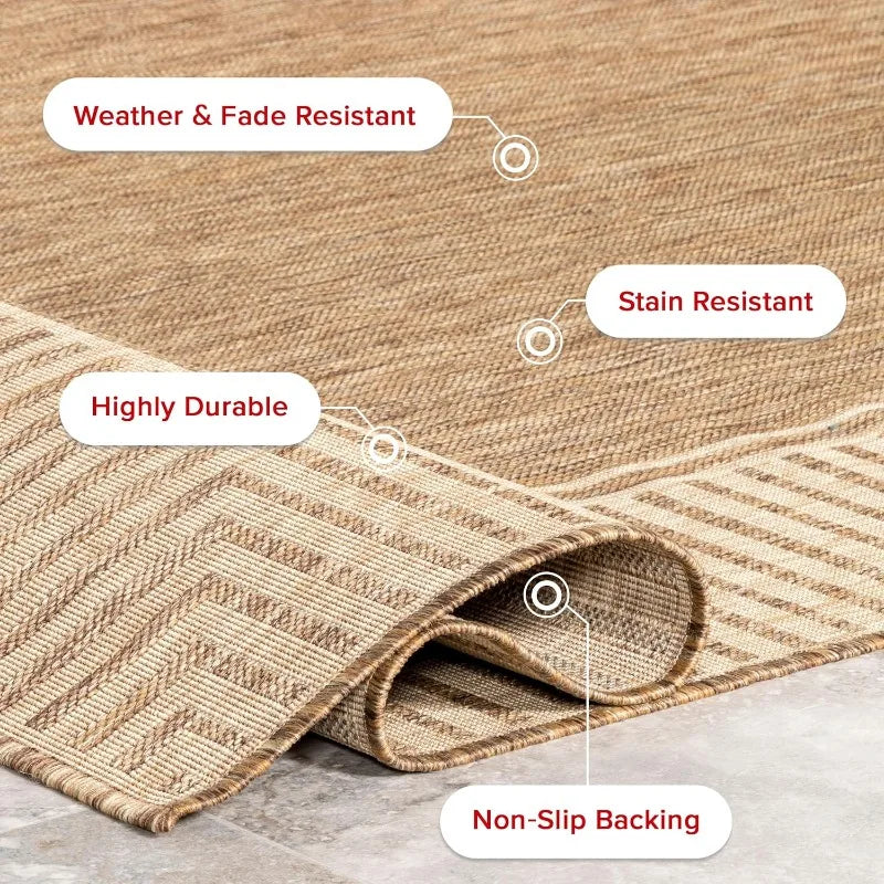 9'6" X 12' Outdoor Area Rug, Casual Design With Striped Border, Stain Resistant, Highly Durable, For Patio, Balcony, Bedroom