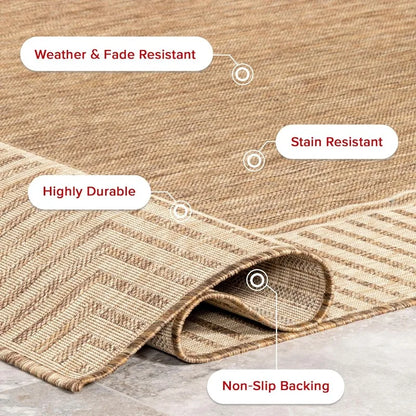 9'6" X 12' Outdoor Area Rug, Casual Design With Striped Border, Stain Resistant, Highly Durable, For Patio, Balcony, Bedroom