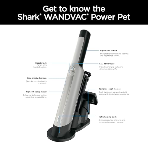 Shark WANDVAC Power PET Cordless Hand Vac, Ultra-Lightweight & Portable with Powerful Suction & Boost Mode, New FurFins Tool & Duster Crevice Tool, Designed for Car & Pet Homes, White, WV410WH