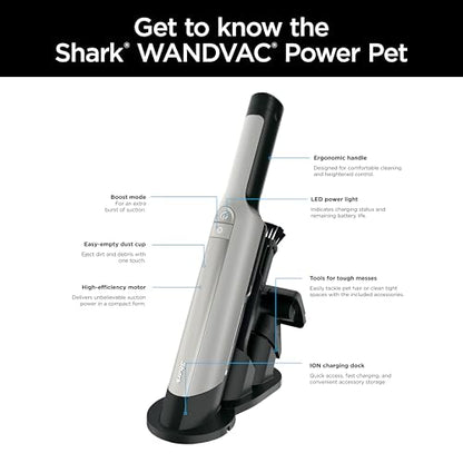 Shark WANDVAC Power PET Cordless Hand Vac, Ultra-Lightweight & Portable with Powerful Suction & Boost Mode, New FurFins Tool & Duster Crevice Tool, Designed for Car & Pet Homes, White, WV410WH