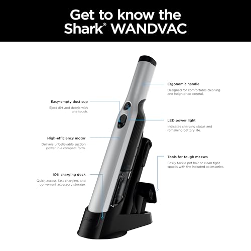 Shark WANDVAC Power PET Cordless Hand Vac, Ultra-Lightweight & Portable with Powerful Suction & Boost Mode, New FurFins Tool & Duster Crevice Tool, Designed for Car & Pet Homes, White, WV410WH