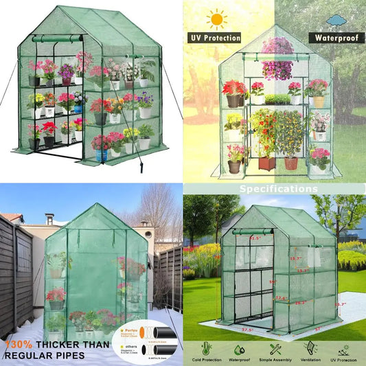 Outdoor Walk-in Greenhouse with Thickened PE Cover, Heavy Duty Steel Frame, Mesh Door, and Screen Windows, 14 Sturdy Shelves
