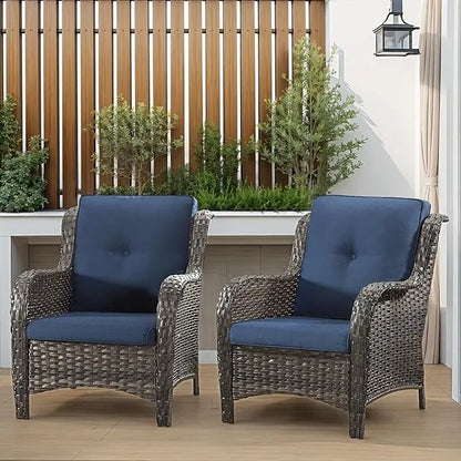 Patio Wicker Chairs Set Of 2, Patio Rattan Dining Chairs With 3.5-inch Seat Cushions, High Back And Curved Armrest For Garden, B