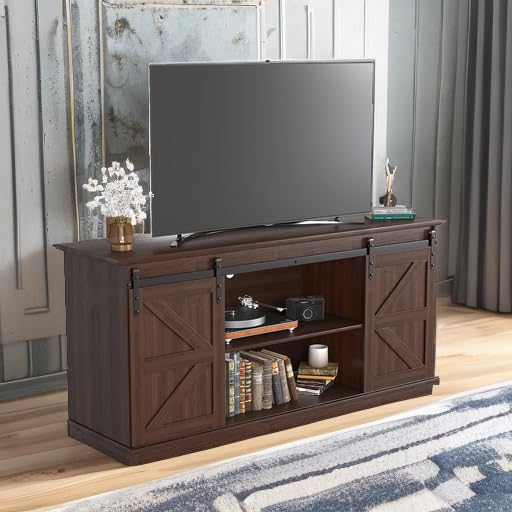 JUMMICO TV Stand for 65 Inch TV, Entertainment Center with Storage Cabinets and Sliding Barn Doors, Mid Century Modern Media TV Console Table for Living Room Bedroom (Rustic Oak)