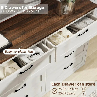 8 Drawer Dresser for Bedroom, White Dresser Wide Chest of Drawers, Farmhouse Wood Dresser with Vintage Handle