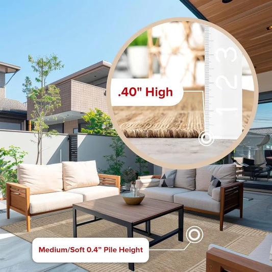 9'6" X 12' Outdoor Area Rug, Casual Design With Striped Border, Stain Resistant, Highly Durable, For Patio, Balcony, Bedroom