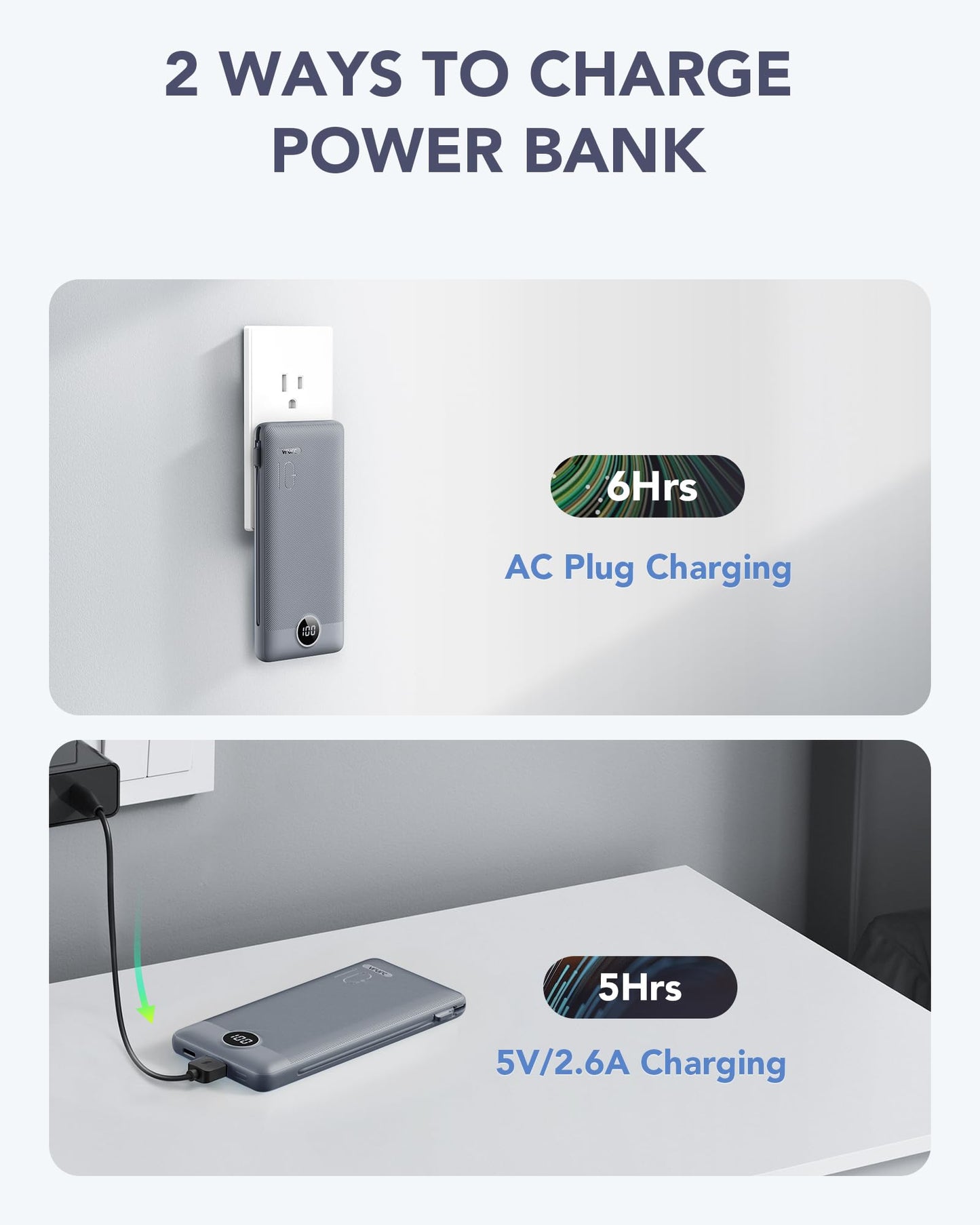 Portable Charger Built-in Cables and AC Wall Plug, VRURC USB C Power Bank 10000mAh, Travel Battery Portable Phone Charger Compact Lightweight External Battery Pack for SmartPhones,Tablets-Viva Magenta