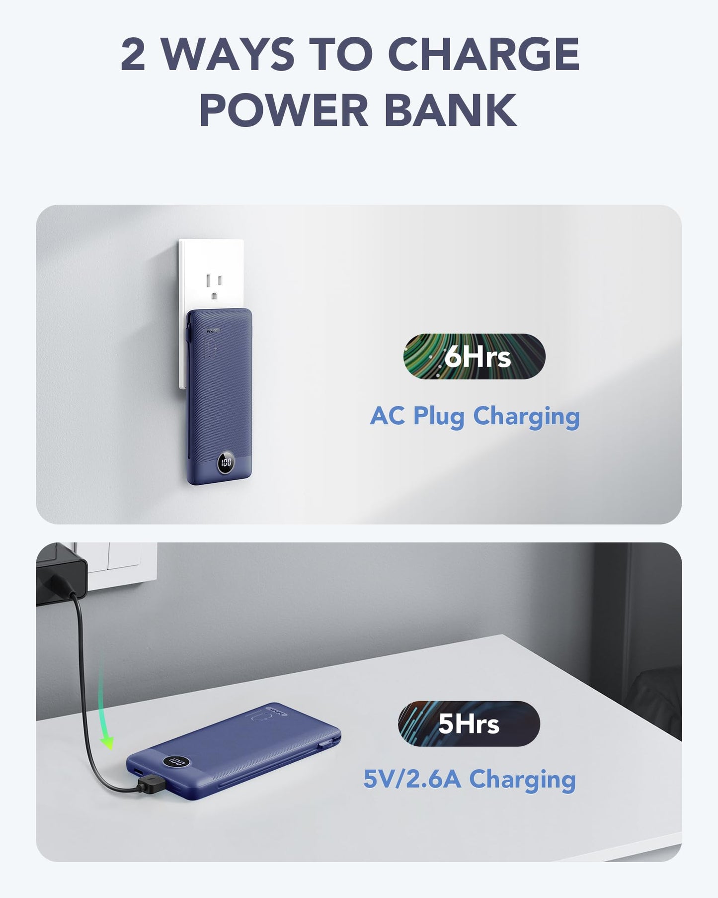 Portable Charger Built-in Cables and AC Wall Plug, VRURC USB C Power Bank 10000mAh, Travel Battery Portable Phone Charger Compact Lightweight External Battery Pack for SmartPhones,Tablets-Viva Magenta
