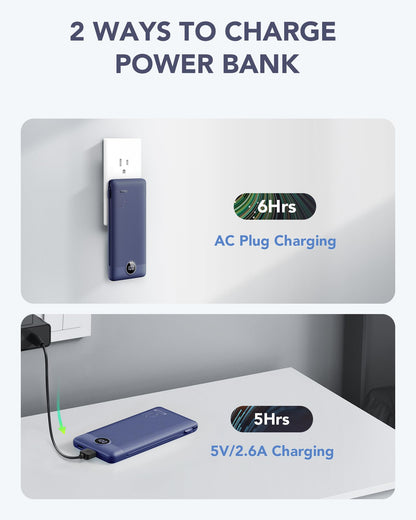 Portable Charger Built-in Cables and AC Wall Plug, VRURC USB C Power Bank 10000mAh, Travel Battery Portable Phone Charger Compact Lightweight External Battery Pack for SmartPhones,Tablets-Viva Magenta