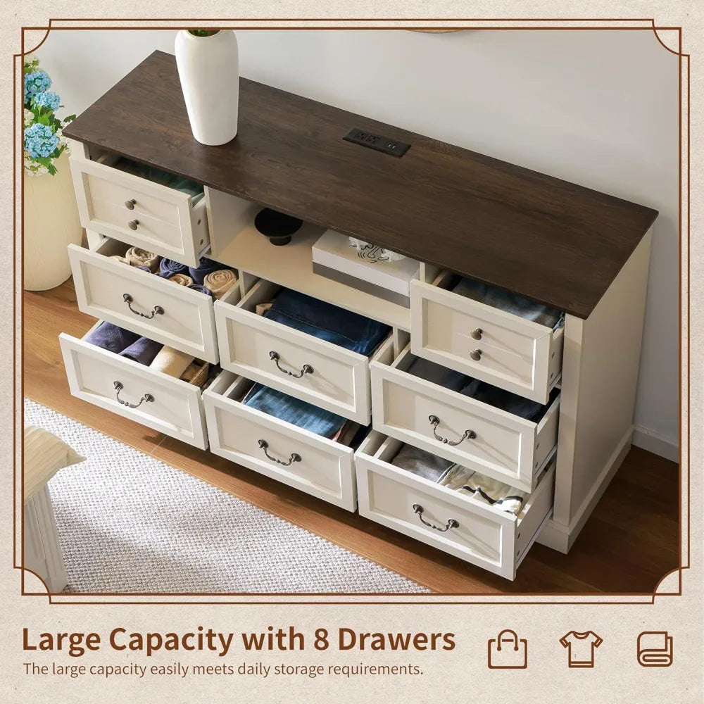 White Dresser for Bedroom with Charging Station & Led Lights,55.02" TV Stand with 8 Drawers,Dressers & Chests of Drawers