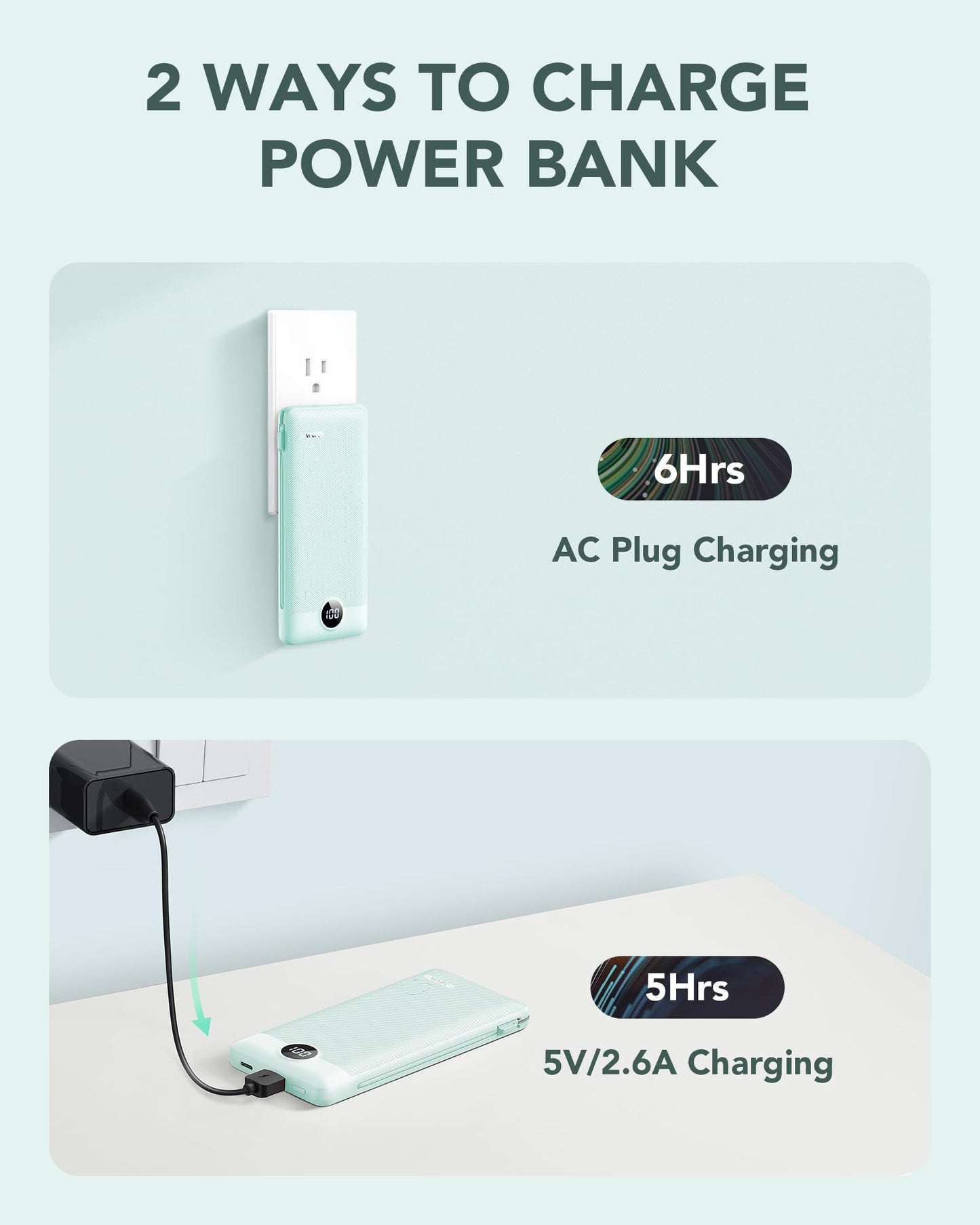 Portable Charger Built-in Cables and AC Wall Plug, VRURC USB C Power Bank 10000mAh, Travel Battery Portable Phone Charger Compact Lightweight External Battery Pack for SmartPhones,Tablets-Viva Magenta