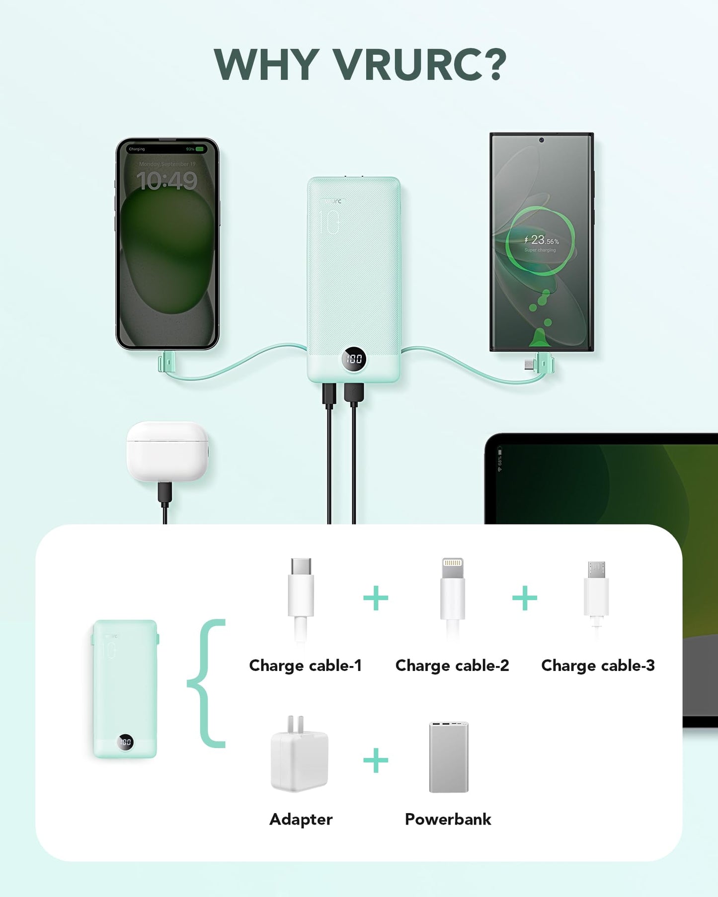 Portable Charger Built-in Cables and AC Wall Plug, VRURC USB C Power Bank 10000mAh, Travel Battery Portable Phone Charger Compact Lightweight External Battery Pack for SmartPhones,Tablets-Viva Magenta