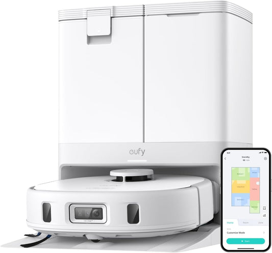 eufy X10 Pro Omni Robot Vacuum and Mop with 8,000 Pa Suction, Dual Mops with 12 mm Auto-Lift and Carpet Detection, AI Obstacle Avoidance, Auto Mop Washing, Auto Drying, Self-Emptying, White