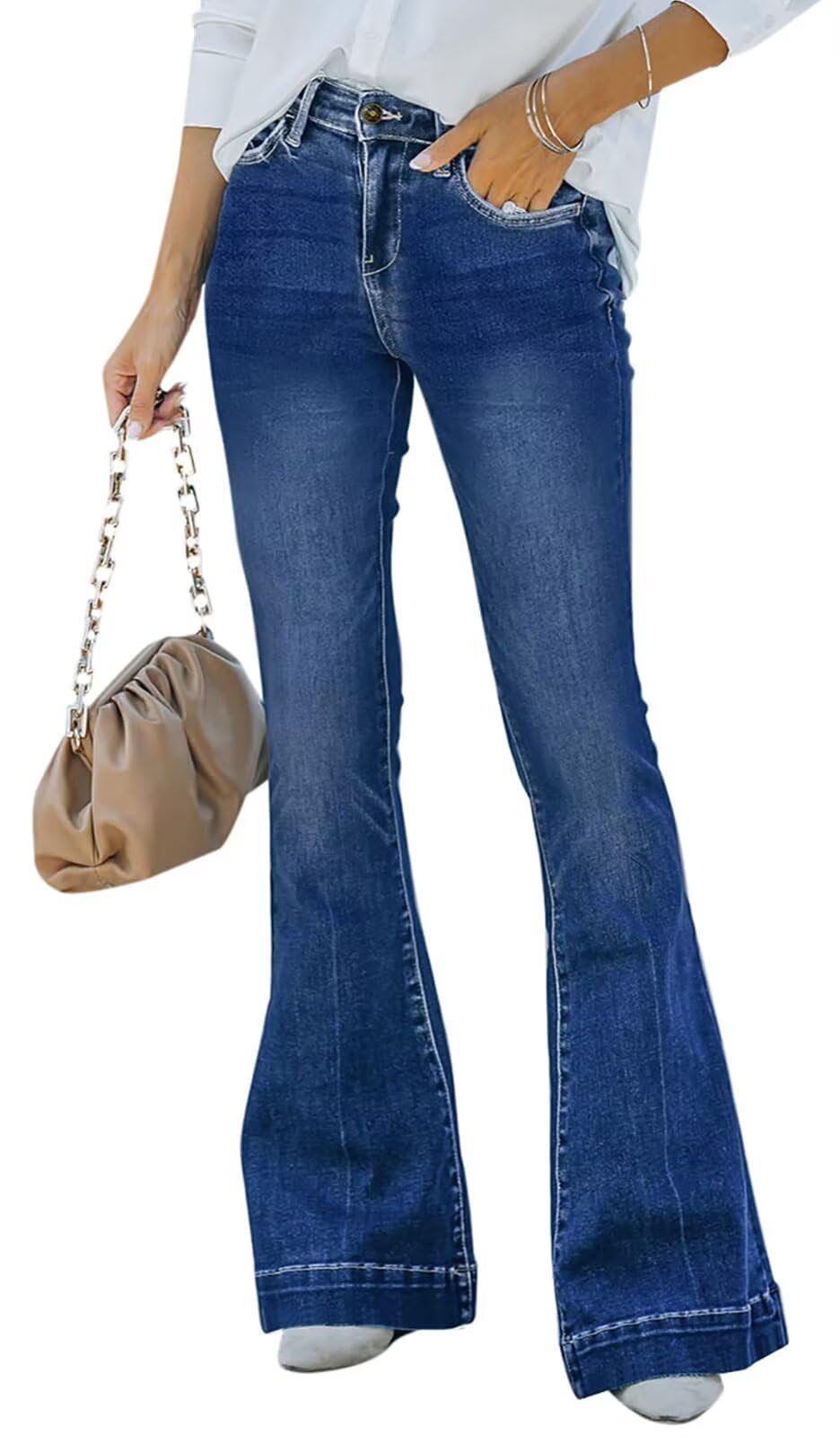 KDF High Waisted Flare Jeans for Women Bell Bottom Jeans with Belt for Women Stretch Wide Leg Jeans