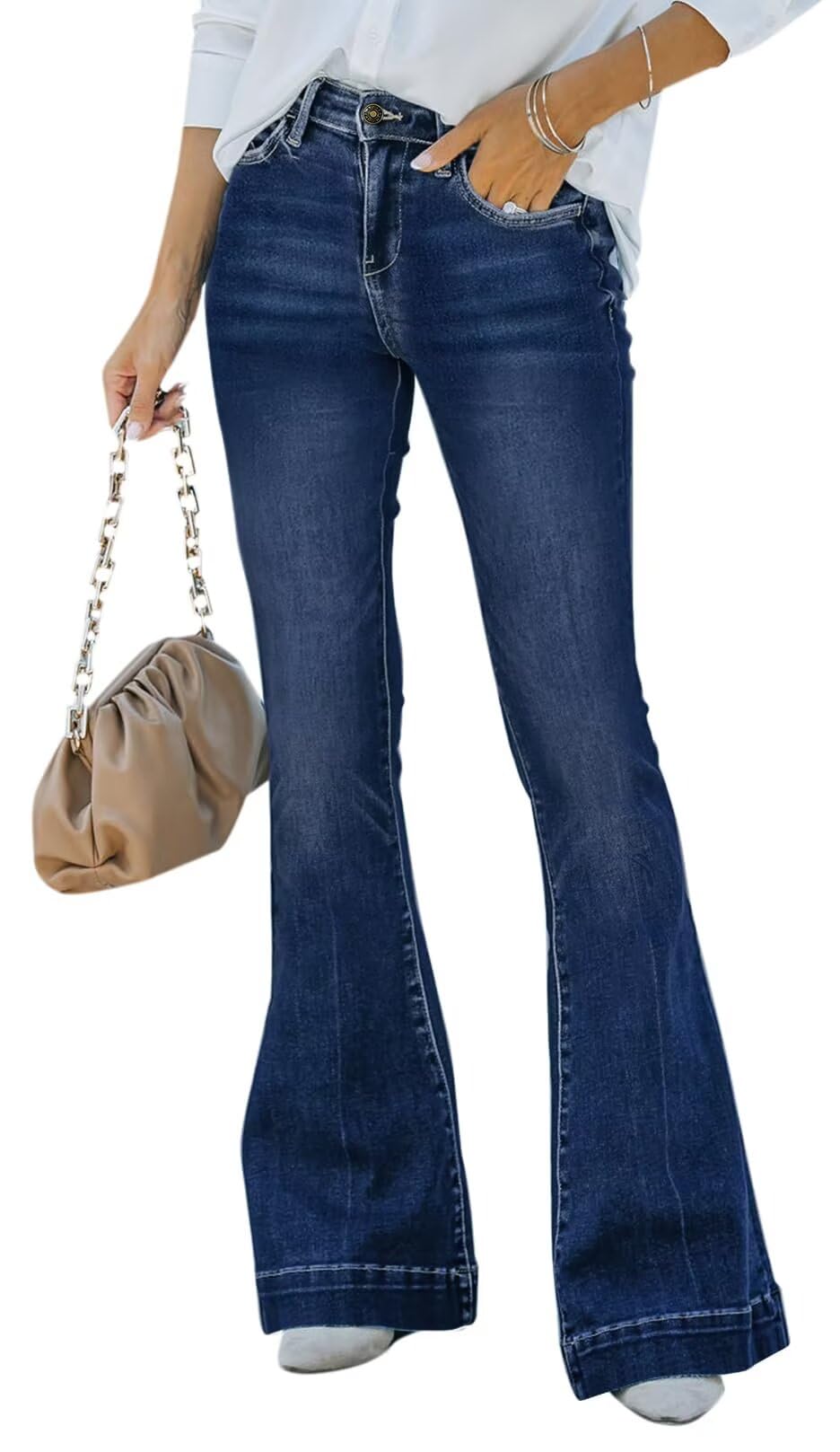 KDF High Waisted Flare Jeans for Women Bell Bottom Jeans with Belt for Women Stretch Wide Leg Jeans