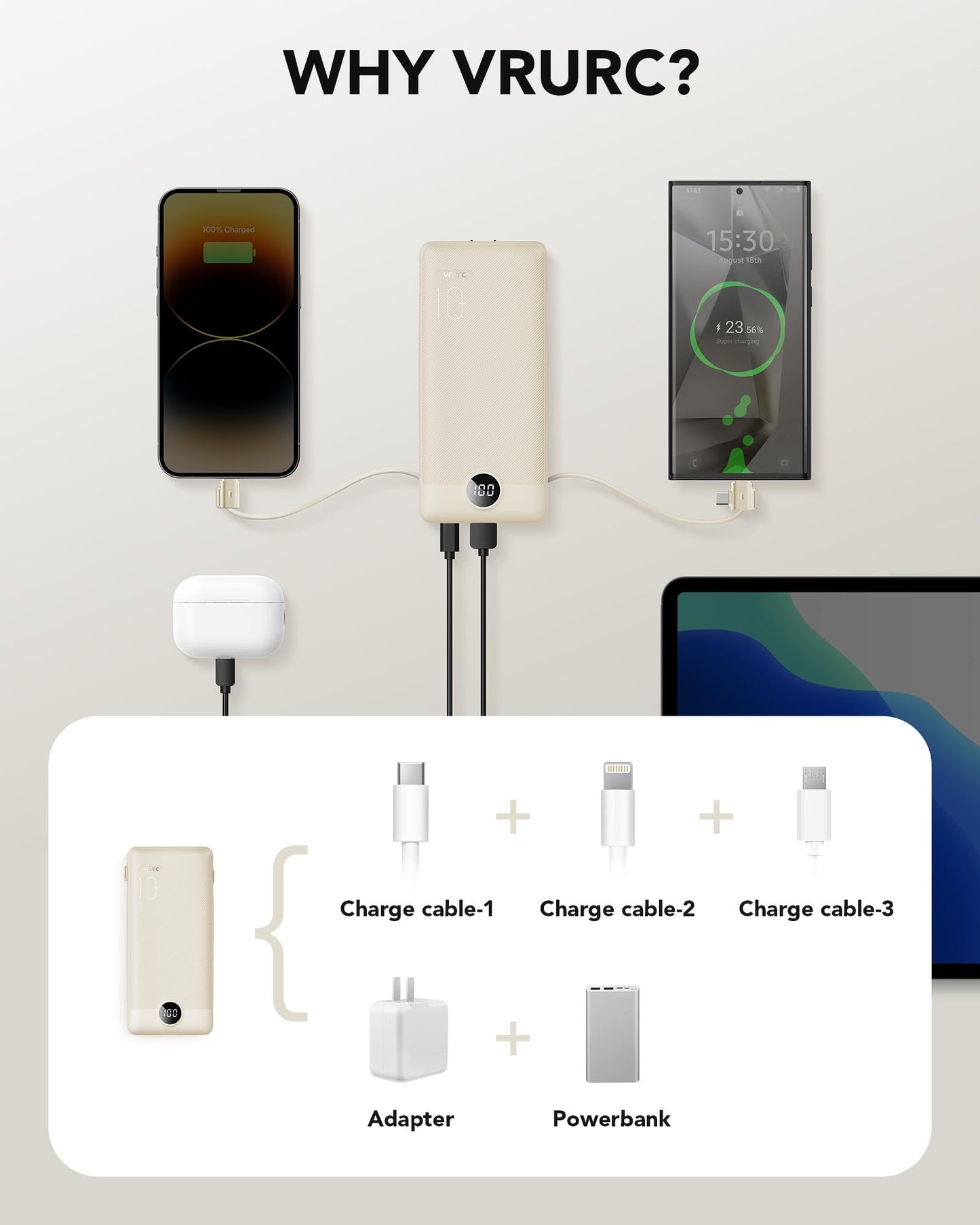 Portable Charger Built-in Cables and AC Wall Plug, VRURC USB C Power Bank 10000mAh, Travel Battery Portable Phone Charger Compact Lightweight External Battery Pack for SmartPhones,Tablets-Viva Magenta