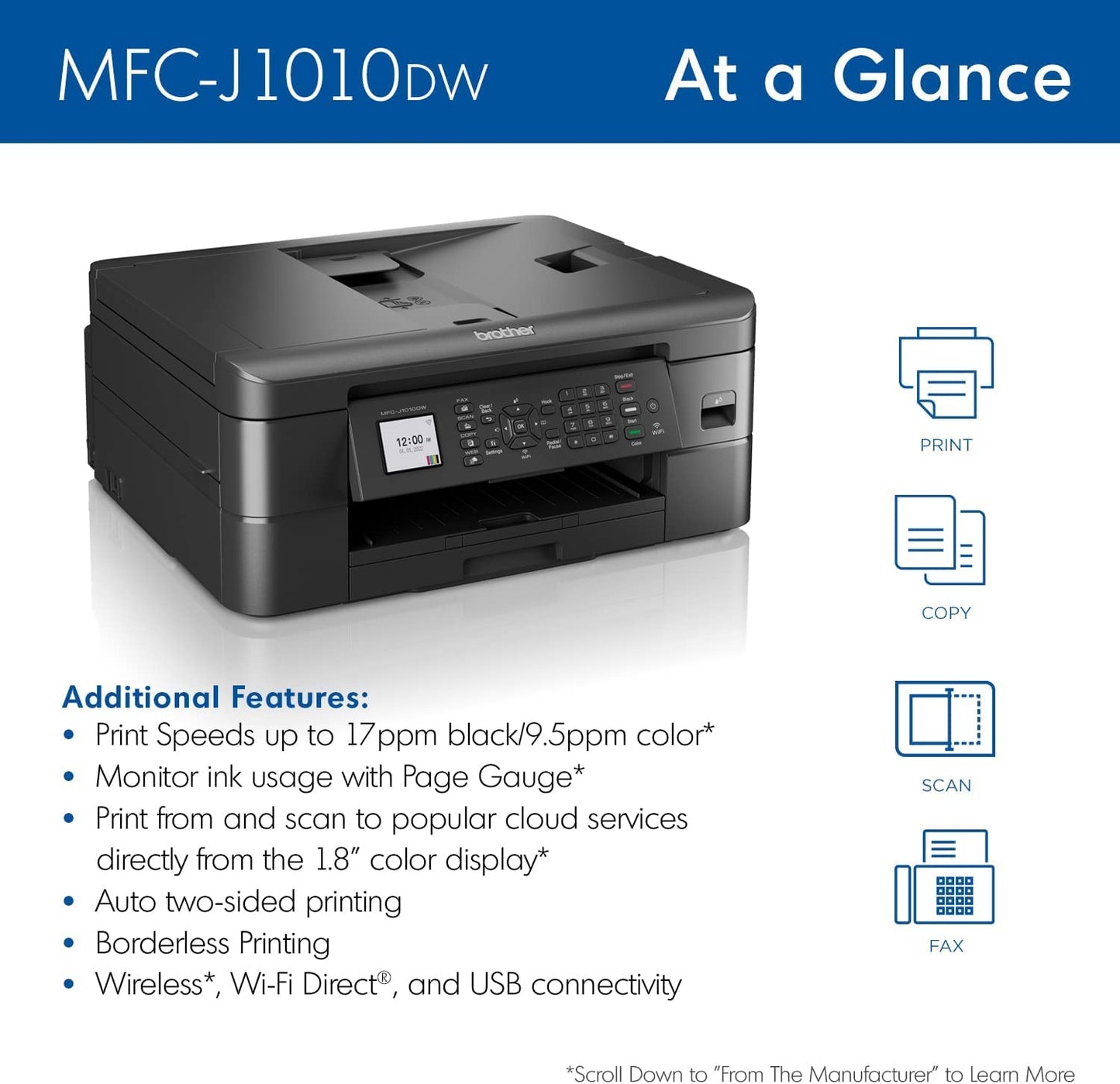Brother Work Smart 1360 Wireless Color Inkjet All-in-One Printer with Automatic Duplex Printing and 1.8” Color Display | Includes Refresh Subscription Trial(1) (MFC-J1360DW) (Uses LC501 Series Inks)