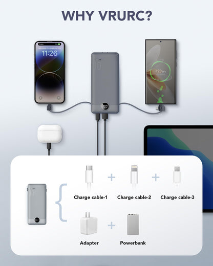 Portable Charger Built-in Cables and AC Wall Plug, VRURC USB C Power Bank 10000mAh, Travel Battery Portable Phone Charger Compact Lightweight External Battery Pack for SmartPhones,Tablets-Viva Magenta