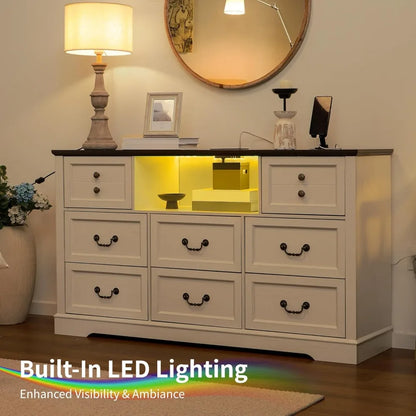 White Dresser for Bedroom with Charging Station & Led Lights,55.02" TV Stand with 8 Drawers,Dressers & Chests of Drawers
