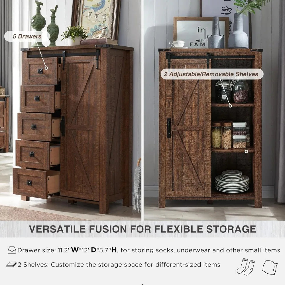 T4TREAM 5 Drawers Dresser for Bedroom w/Sliding Barn Door, Farmhouse Modern Dresser Tall 5 Chest of Drawers, Storage Organizer f